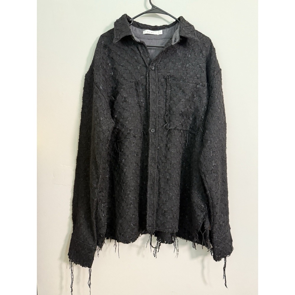 MNML Black Frayed Edge Raw Hem Oversized‎ Shirt Jacket Woven Sz L Grunge